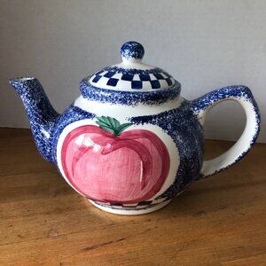 China Blue White Ceramic Tea Pot w/Lid Red Apple Design 1996's CBY